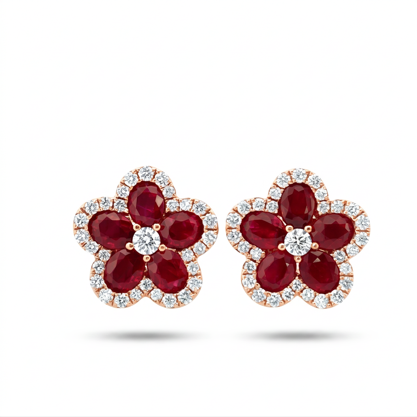 Oval Ruby & Diamond Flower Stud Earrings