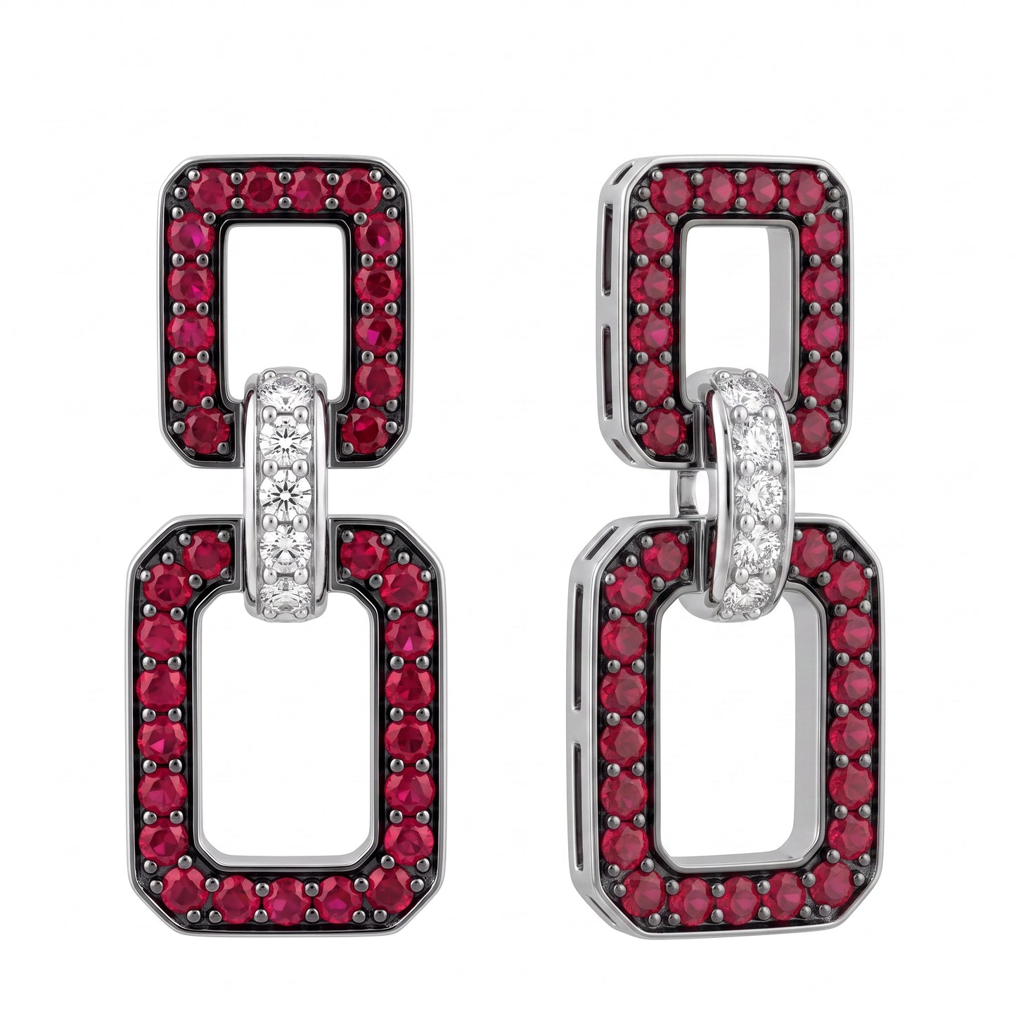 REM1156W 18K white gold ruby and diamond double rectangle link dangle earrings - angled view