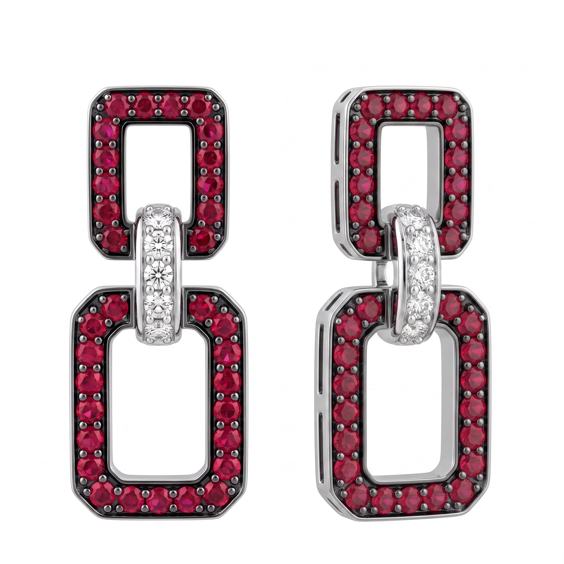 REM1156W 18K white gold ruby and diamond double rectangle link dangle earrings - angled view