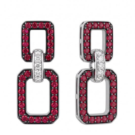 REM1156W 18K white gold ruby and diamond double rectangle link dangle earrings - angled view