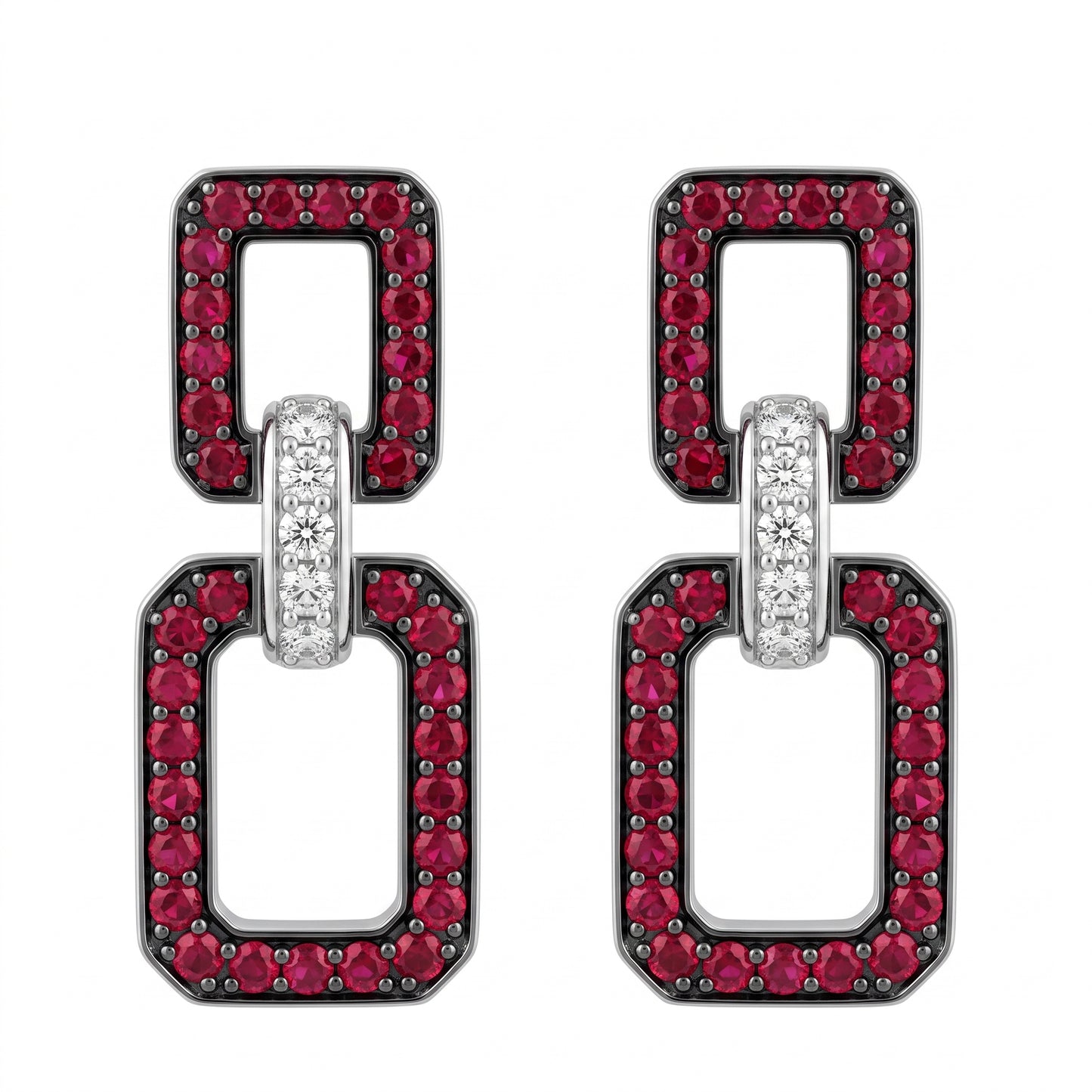 REM1156W 18K white gold ruby and diamond double rectangle link dangle earrings - white background