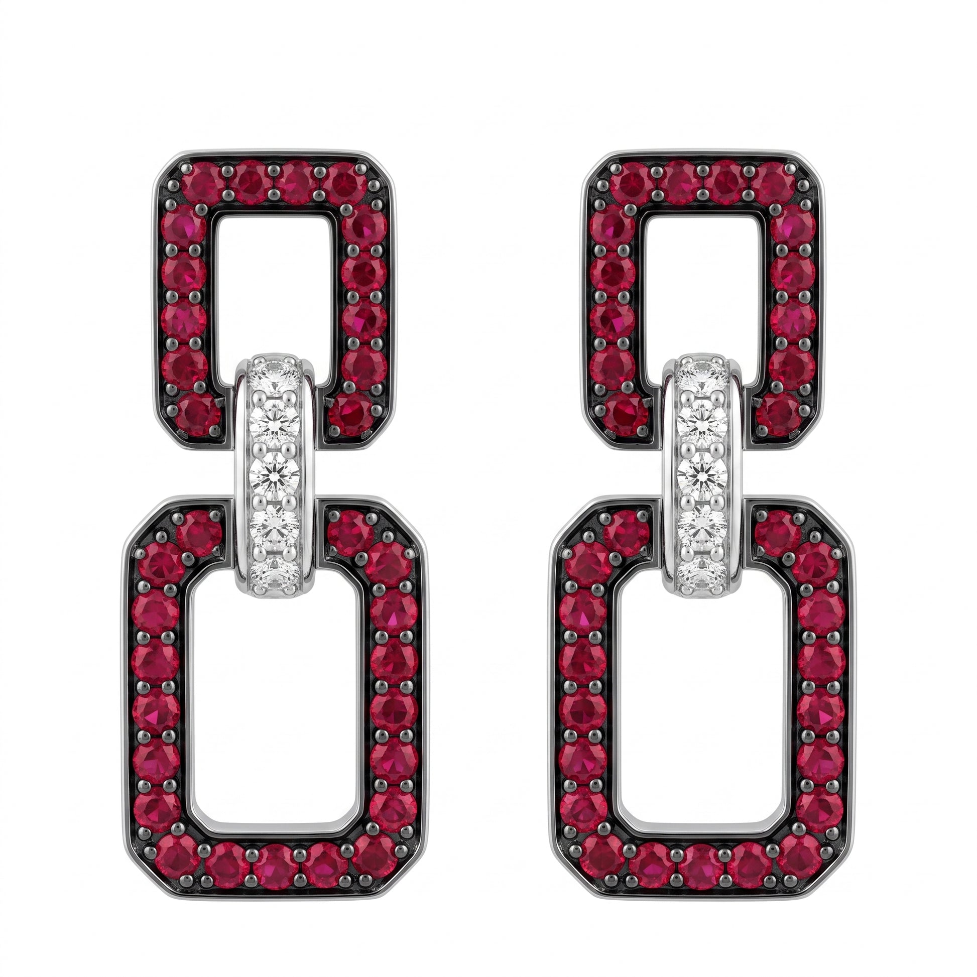 REM1156W 18K white gold ruby and diamond double rectangle link dangle earrings - white background