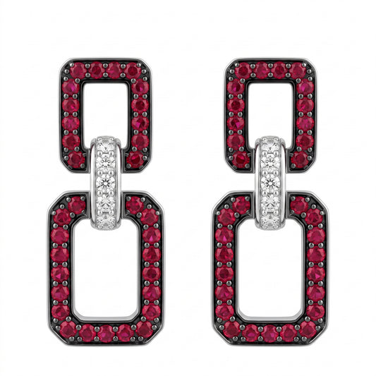 REM1156W 18K white gold ruby and diamond double rectangle link dangle earrings - white background
