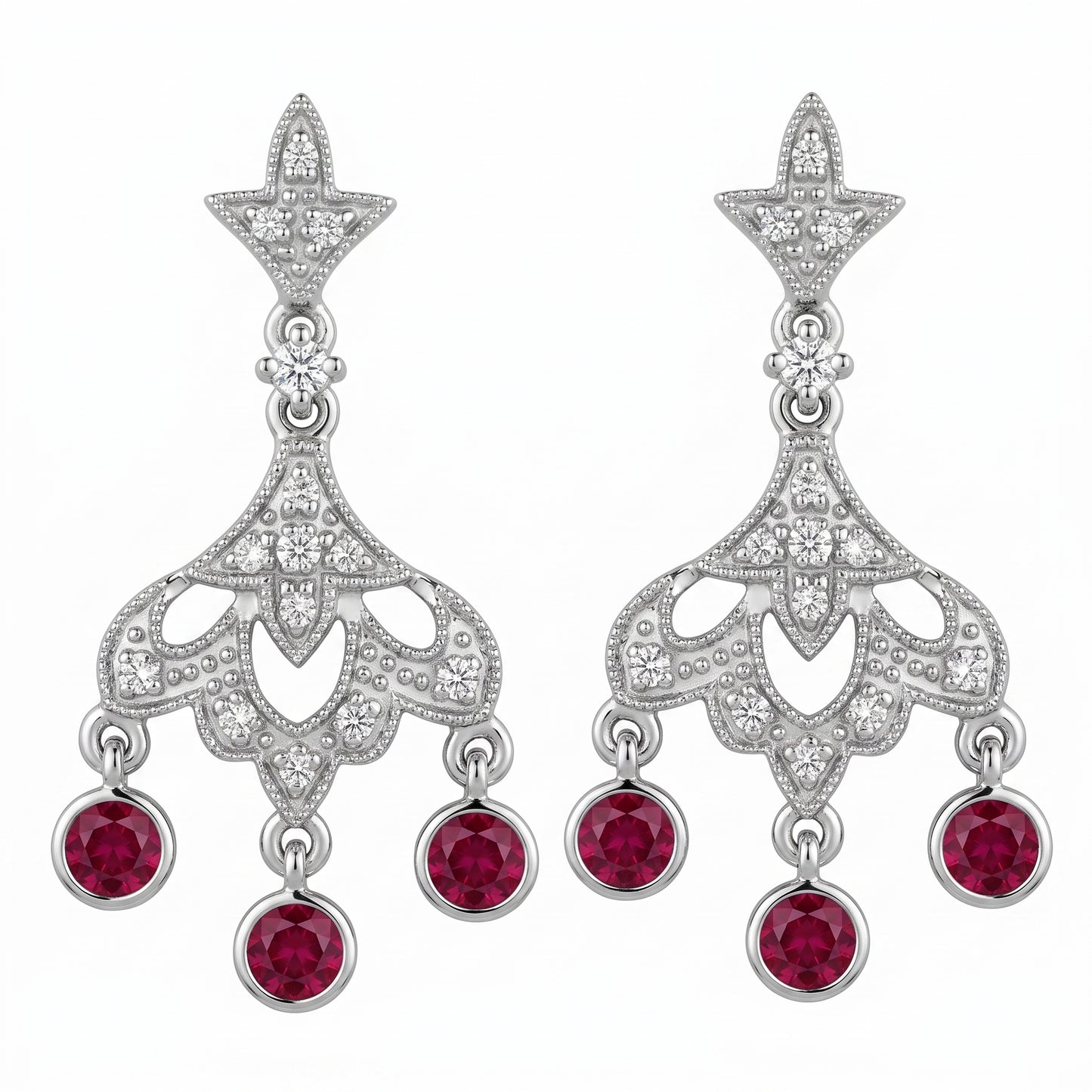 REPL0067W 14K white gold vintage chandelier post earrings with three round rubies and pave diamonds, white background