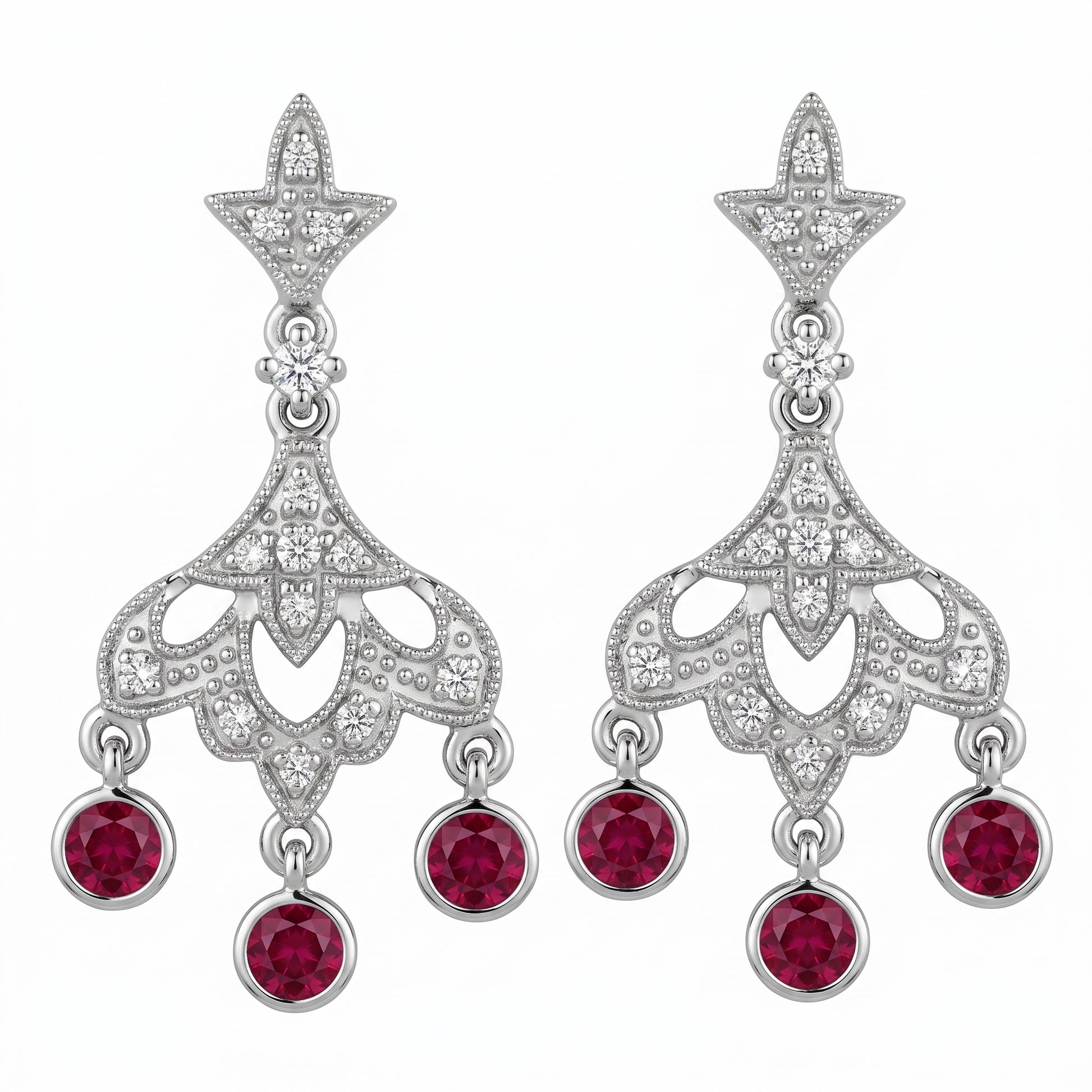 REPL0067W 14K white gold vintage chandelier post earrings with three round rubies and pave diamonds, white background