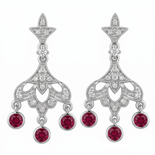 REPL0067W 14K white gold vintage chandelier post earrings with three round rubies and pave diamonds, white background