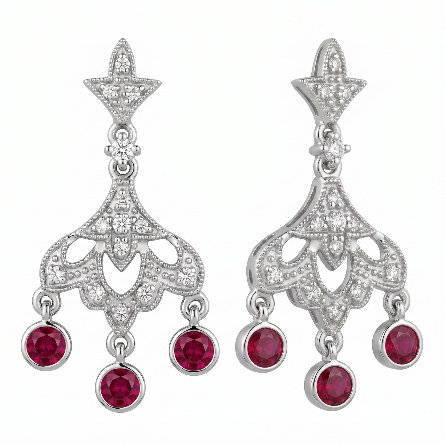 REPL0067W 14K white gold ruby and diamond chandelier post earrings, front and three-quarter view, white background