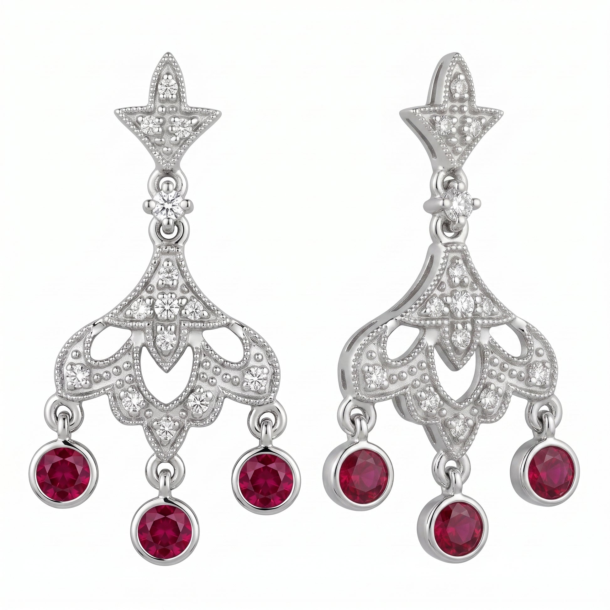 REPL0067W 14K white gold ruby and diamond chandelier post earrings, front and three-quarter view, white background