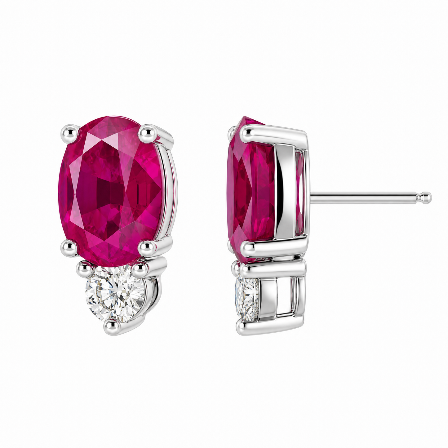 REPL0131DW-5 W-2 front and turned view showing post backing - oval ruby stud earrings with round diamond accent in 14K white gold