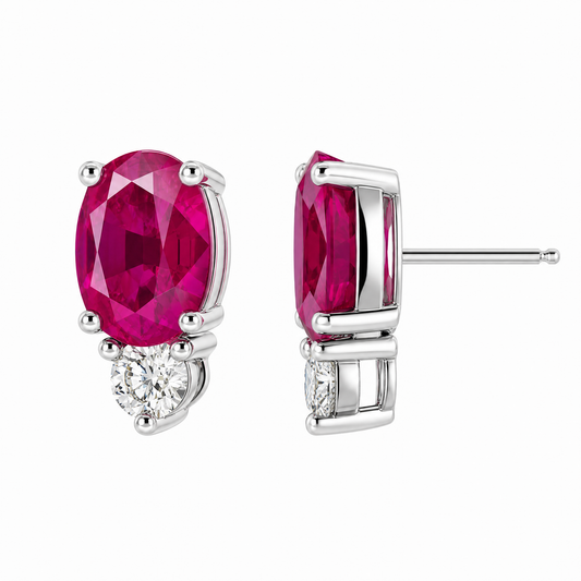 REPL0131DW-5 W-2 front and turned view showing post backing - oval ruby stud earrings with round diamond accent in 14K white gold