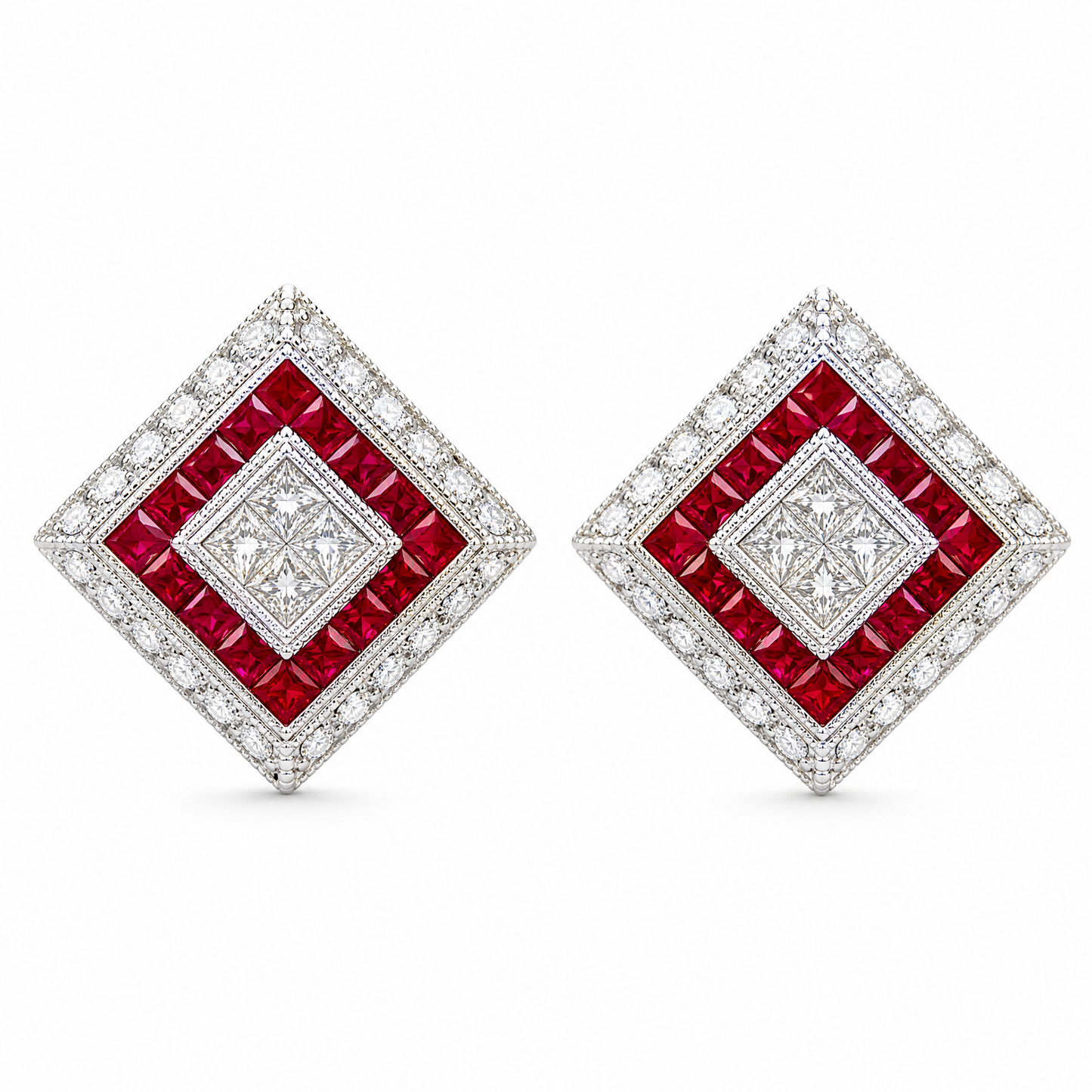 RERT0432W W-1 frontal pair - Art Deco square-on-point calibre ruby and princess-cut diamond white gold clip earrings