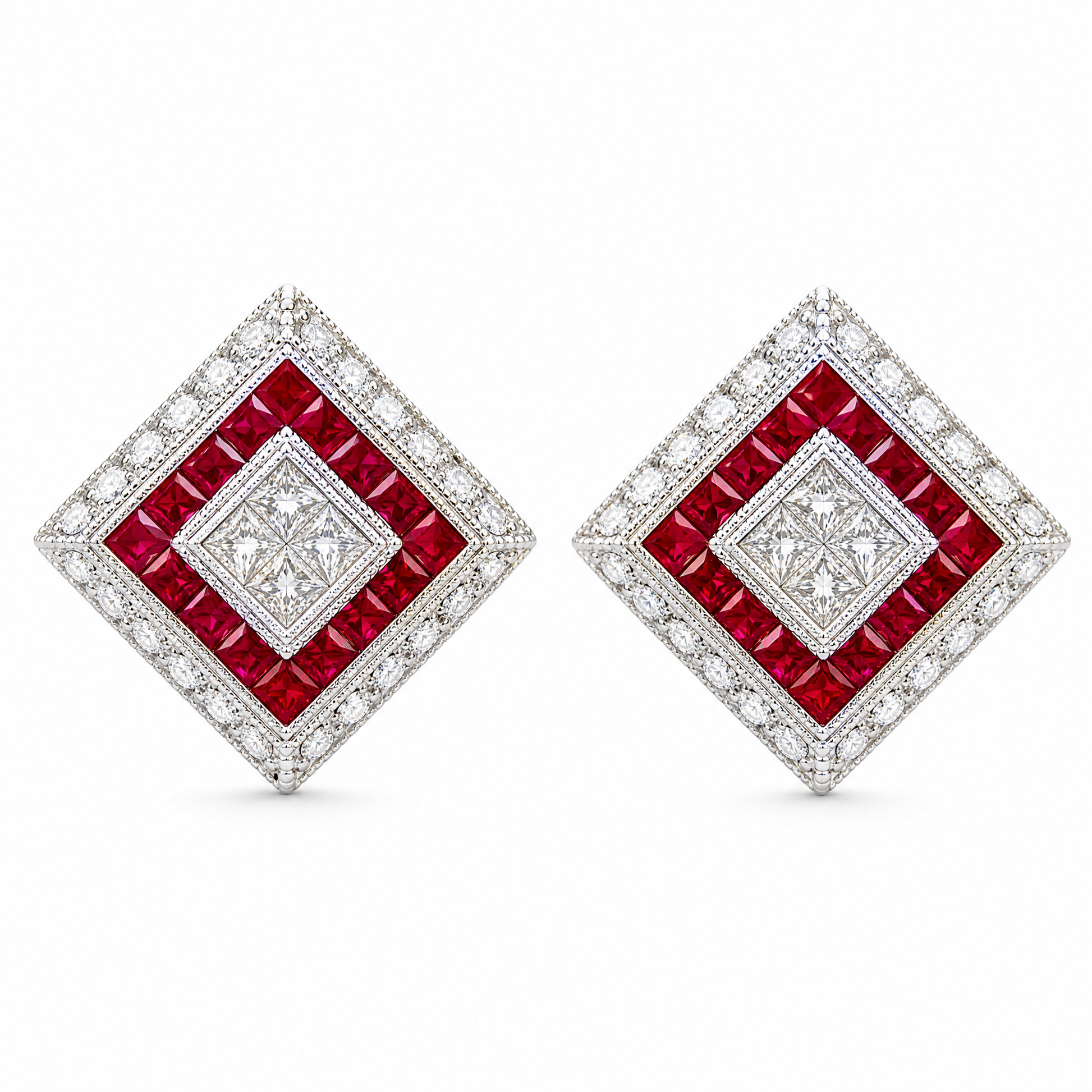 RERT0432W W-1 frontal pair - Art Deco square-on-point calibre ruby and princess-cut diamond white gold clip earrings