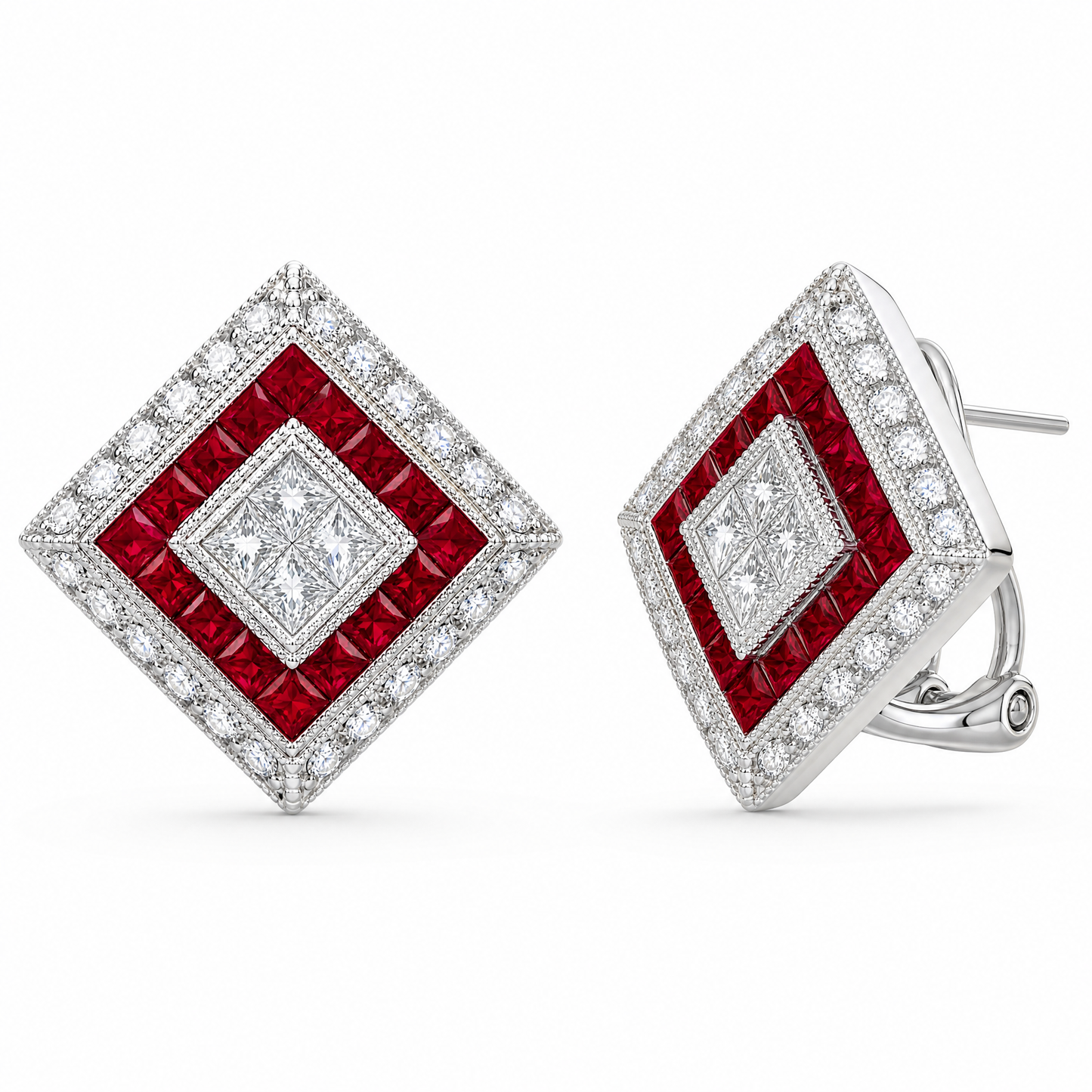 RERT0432W W-2 front and turned view showing post and hinged omega clip lever - Art Deco ruby and diamond geometric clip earrings