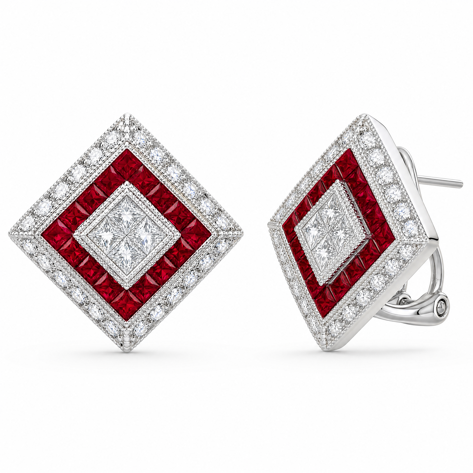 RERT0432W W-2 front and turned view showing post and hinged omega clip lever - Art Deco ruby and diamond geometric clip earrings
