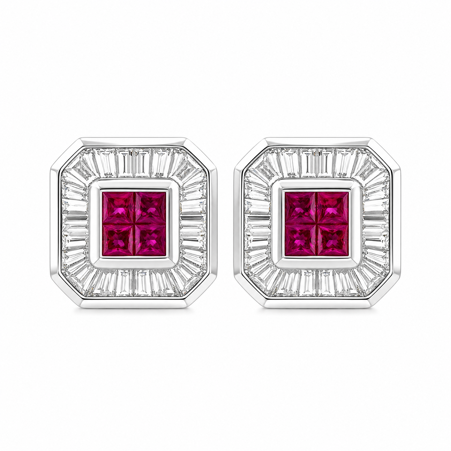 RERT0433W W-1 frontal pair - invisible-set ruby centre with tapered baguette diamond octagonal halo clip earrings in 18K white gold
