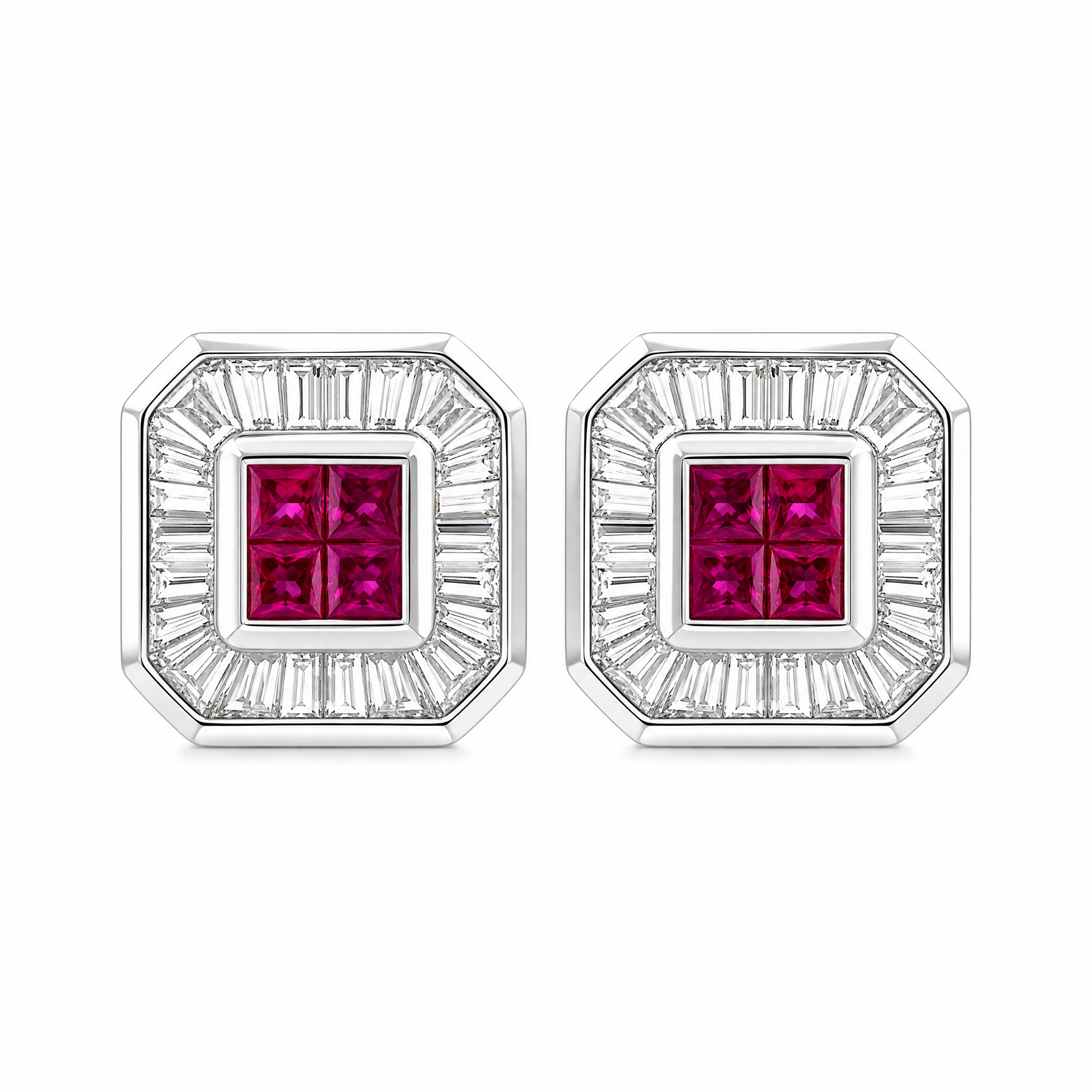 RERT0433W W-1 frontal pair - invisible-set ruby centre with tapered baguette diamond octagonal halo clip earrings in 18K white gold