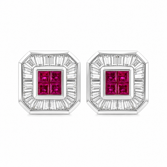 RERT0433W W-1 frontal pair - invisible-set ruby centre with tapered baguette diamond octagonal halo clip earrings in 18K white gold