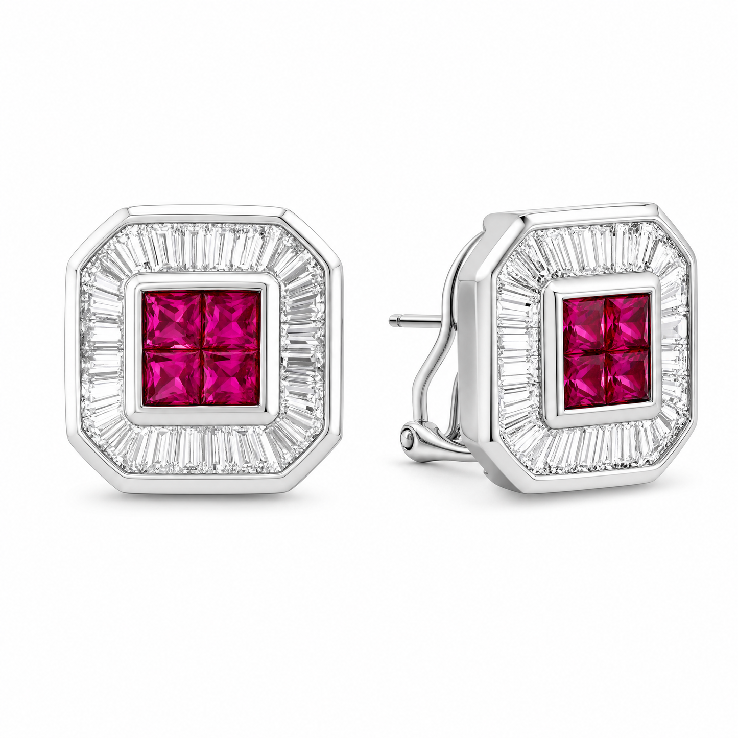 RERT0433W W-2 front and turned view showing French clip backing - invisible-set ruby and tapered baguette diamond clip earrings in 18K white gold