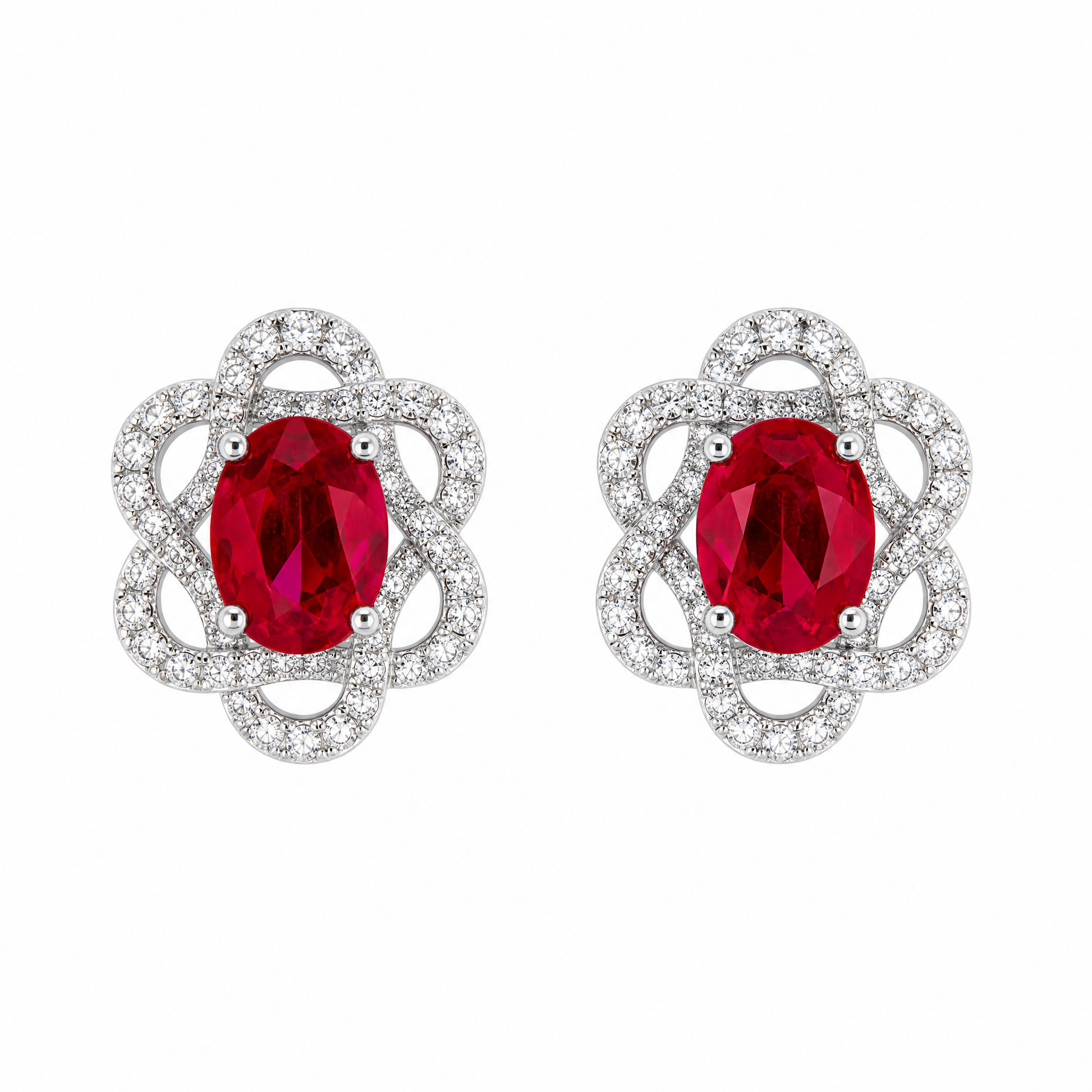RERT0708W W-1 frontal pair - oval ruby and diamond openwork floral frame stud earrings in 18K white gold