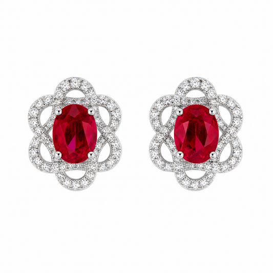 RERT0708W W-1 frontal pair - oval ruby and diamond openwork floral frame stud earrings in 18K white gold
