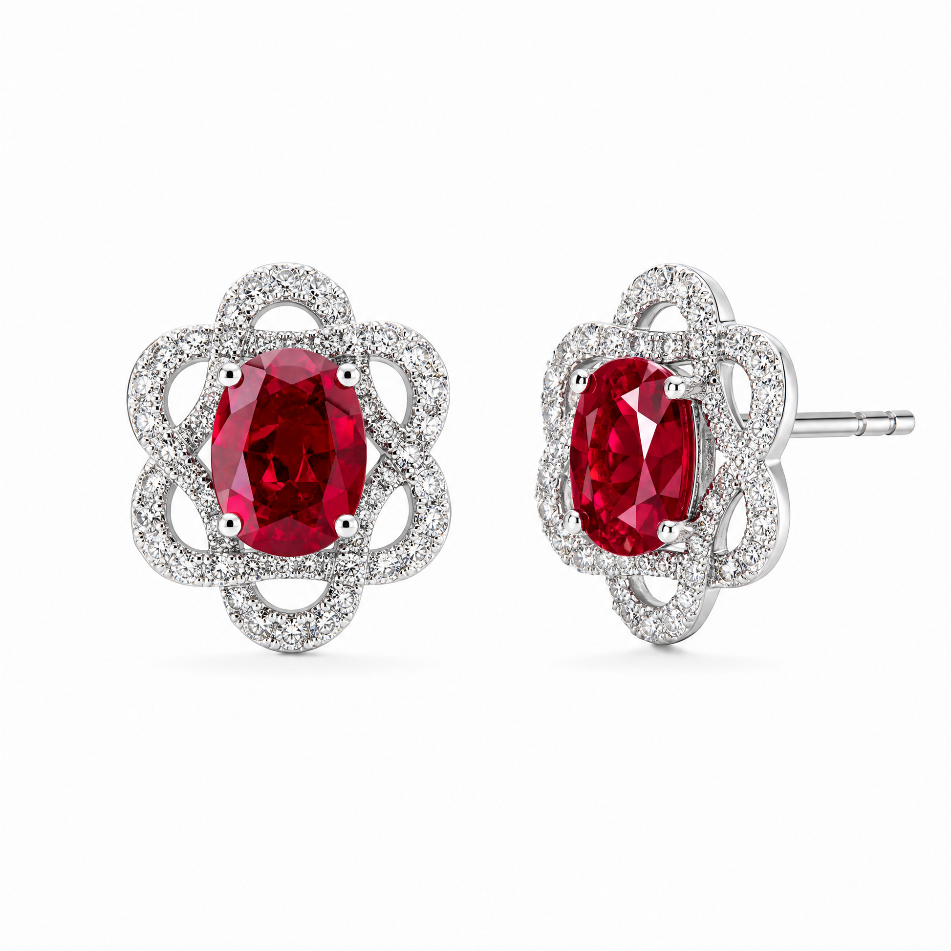 RERT0708W W-2 front and turned view showing post and butterfly back - oval ruby and diamond openwork floral frame stud earrings in 18K white gold