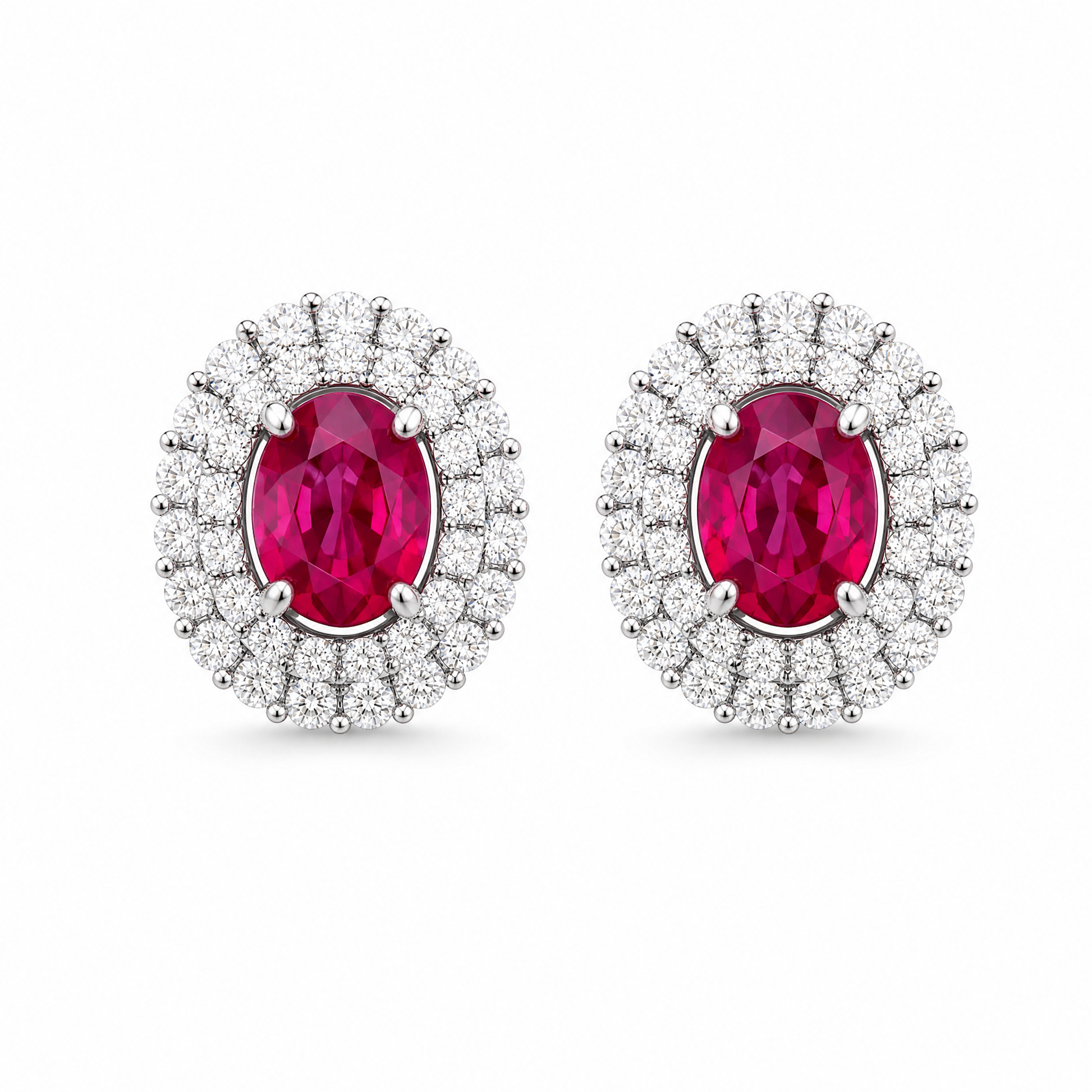 RERT0711W W-1 frontal pair - oval ruby double-halo diamond clip earrings in 18K white gold