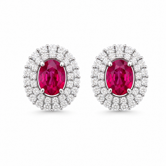 RERT0711W W-1 frontal pair - oval ruby double-halo diamond clip earrings in 18K white gold