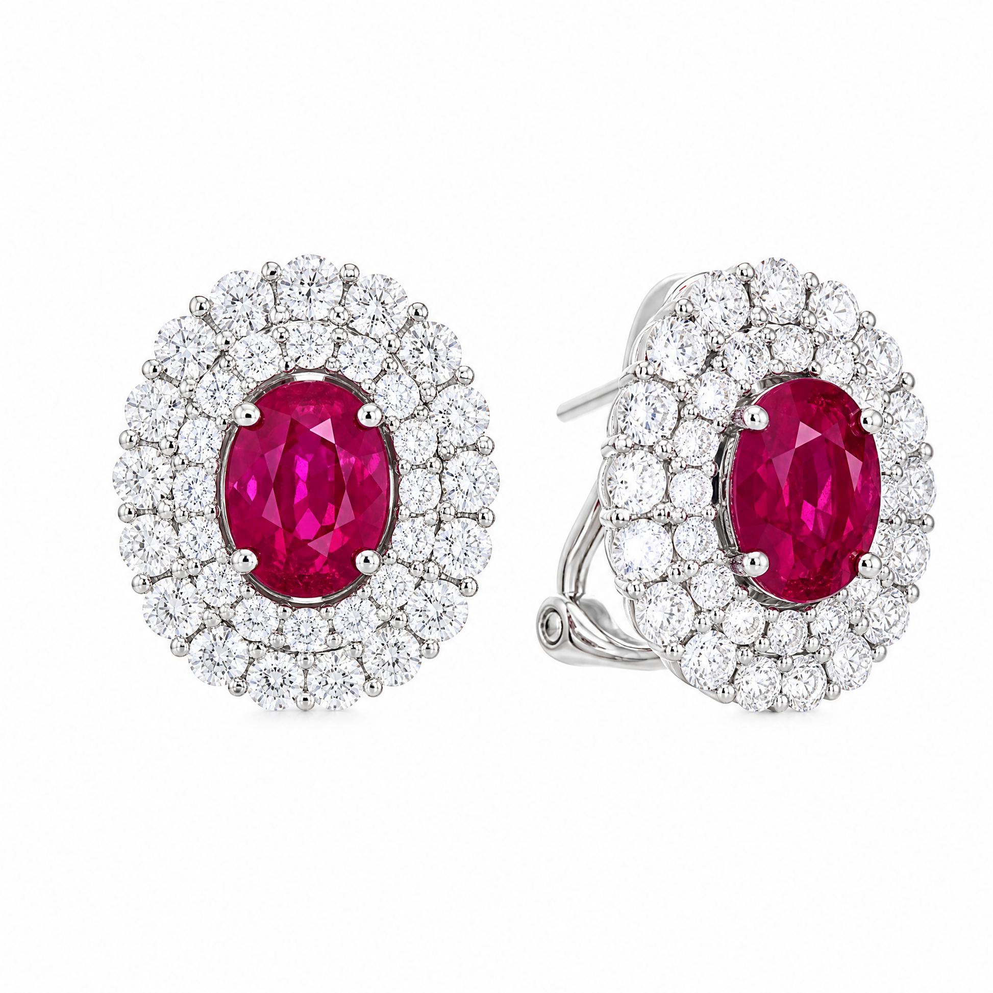RERT0711W W-2 front and turned view showing French clip backing - oval ruby double-halo diamond clip earrings in 18K white gold