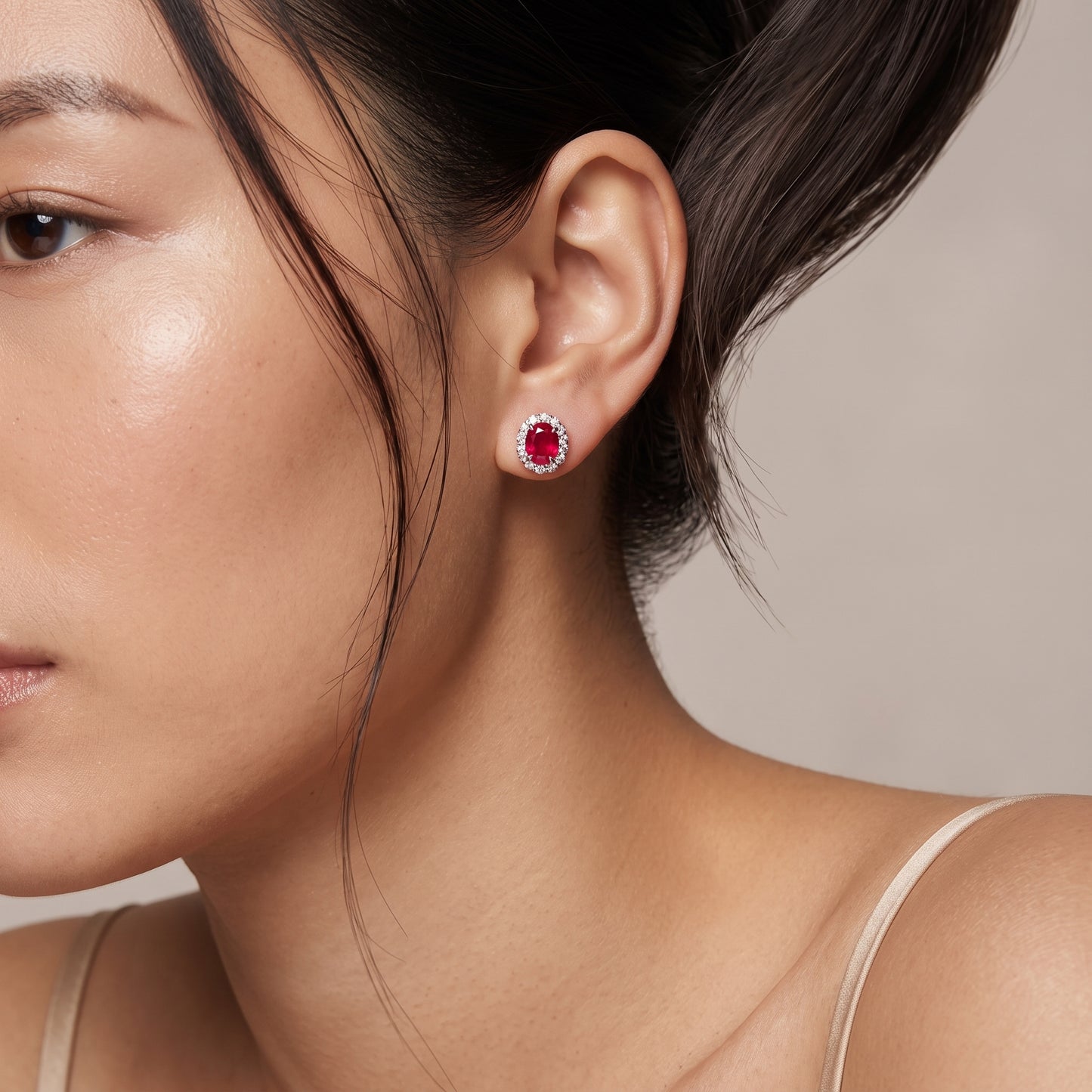 2.14 Carat Oval Ruby Diamond Halo Stud Earrings — worn on model