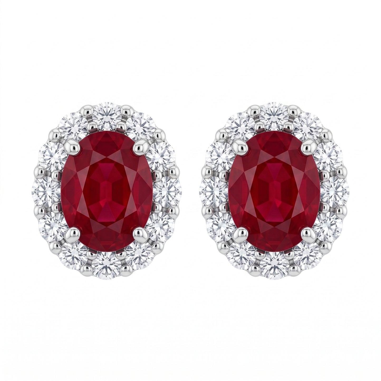 2.14 Carat Oval Ruby Diamond Halo Stud Earrings — front view