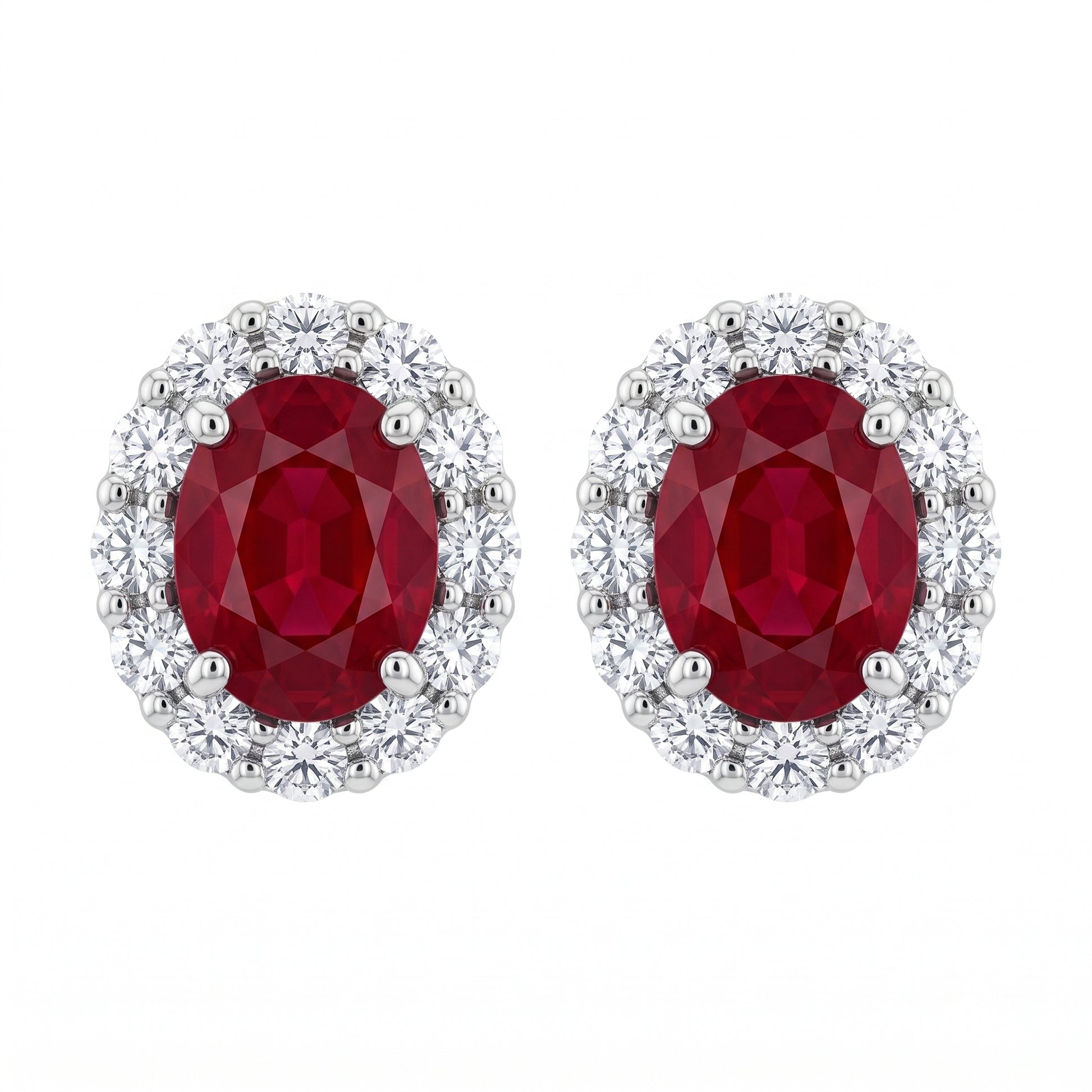 2.14 Carat Oval Ruby Diamond Halo Stud Earrings — front view