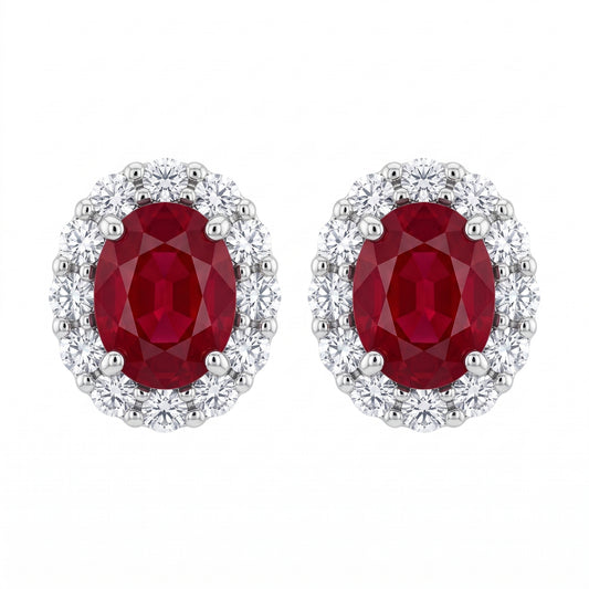 2.14 Carat Oval Ruby Diamond Halo Stud Earrings — front view