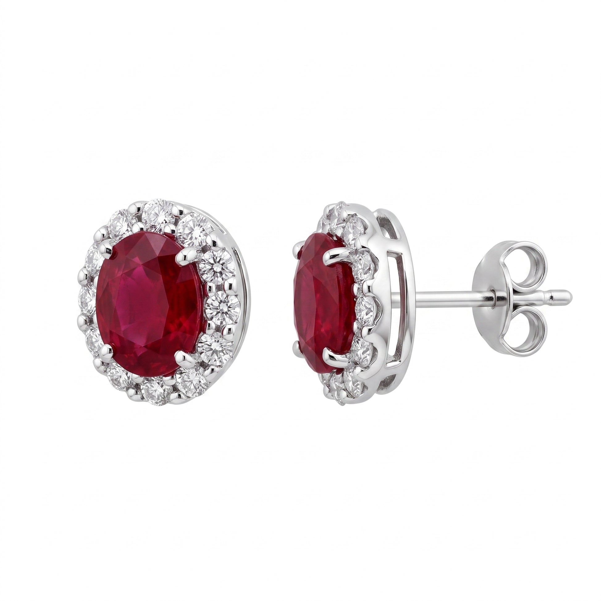 2.14 Carat Oval Ruby Diamond Halo Stud Earrings — side profile