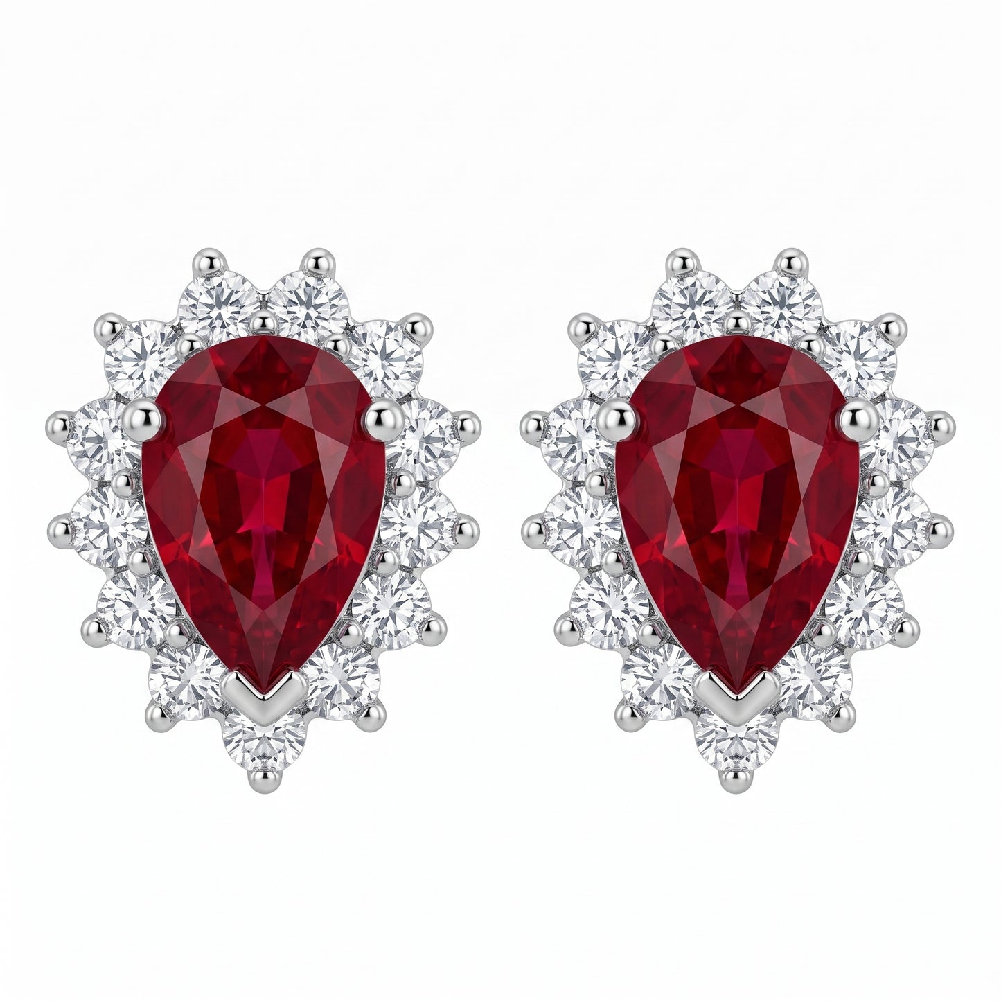 14k white gold pear-shaped ruby and round diamond halo post earrings, white background