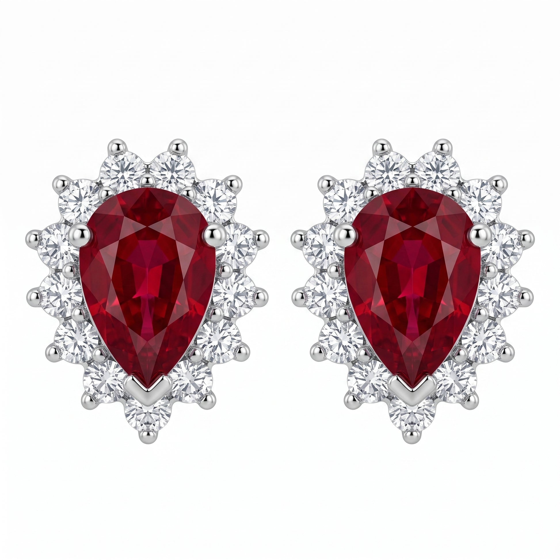 14k white gold pear-shaped ruby and round diamond halo post earrings, white background