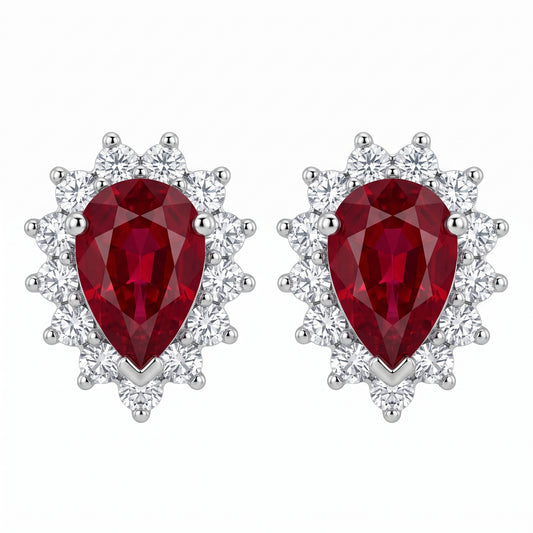 14k white gold pear-shaped ruby and round diamond halo post earrings, white background