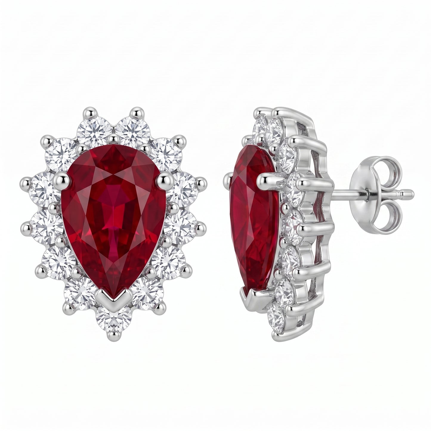 14k white gold pear-shaped ruby and round diamond halo post earrings, front and profile view, white background