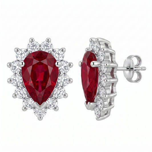 14k white gold pear-shaped ruby and round diamond halo post earrings, front and profile view, white background