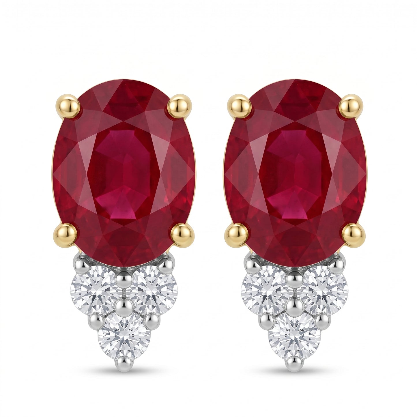 RESP0290 - two-tone 14K gold post earrings, oval ruby in yellow gold claws above a V-cluster of white gold set diamonds, front view on white background