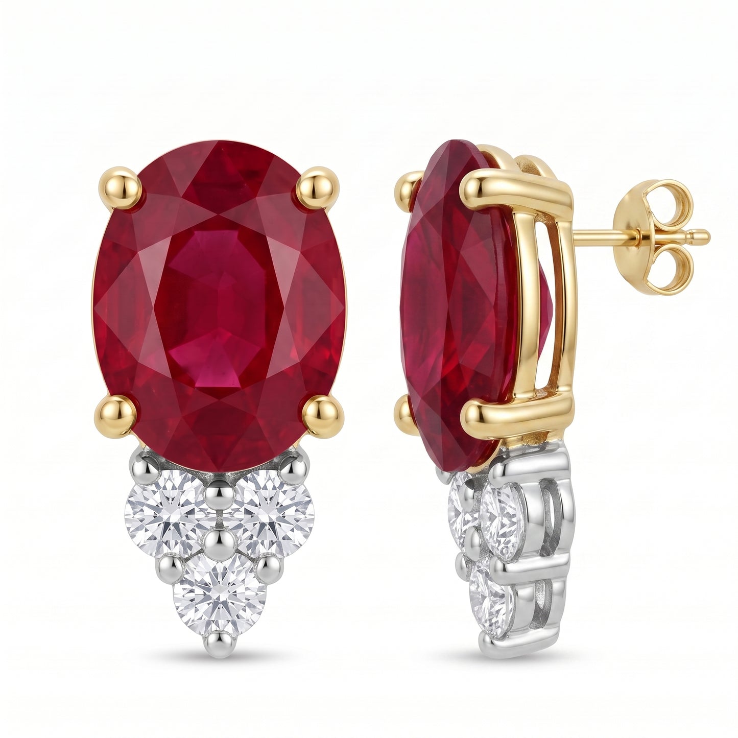 RESP0290 - two-tone 14K gold oval ruby and diamond post earrings, front and side profile showing the straight yellow gold post and butterfly back, on white background