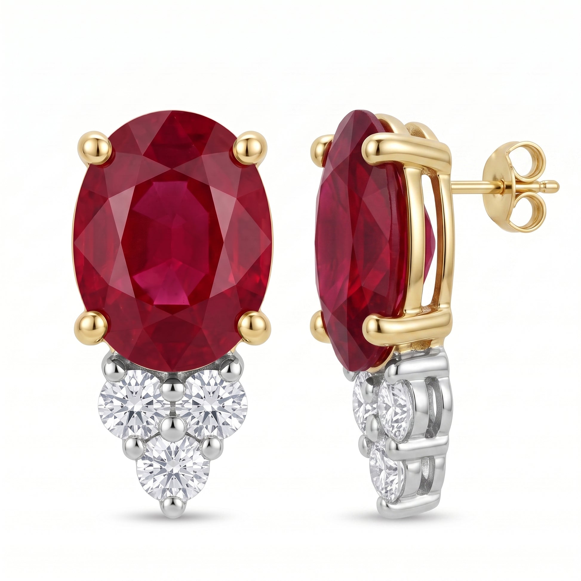 RESP0290 - two-tone 14K gold oval ruby and diamond post earrings, front and side profile showing the straight yellow gold post and butterfly back, on white background