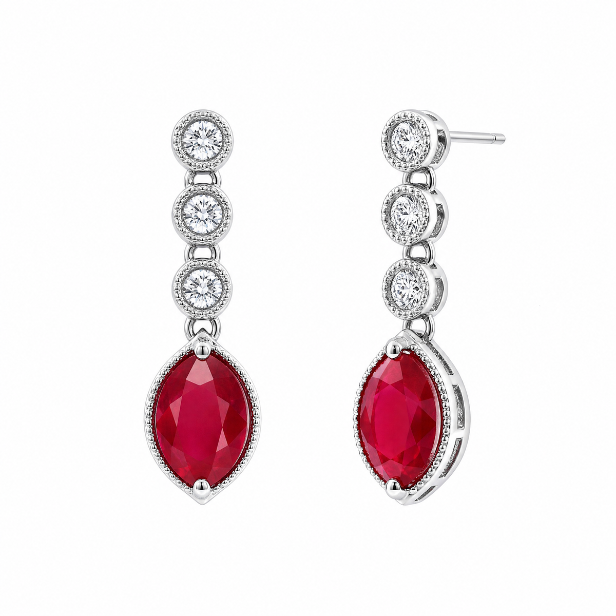 2 Oval Ruby & 4-Diamond Dangle Post Earrings