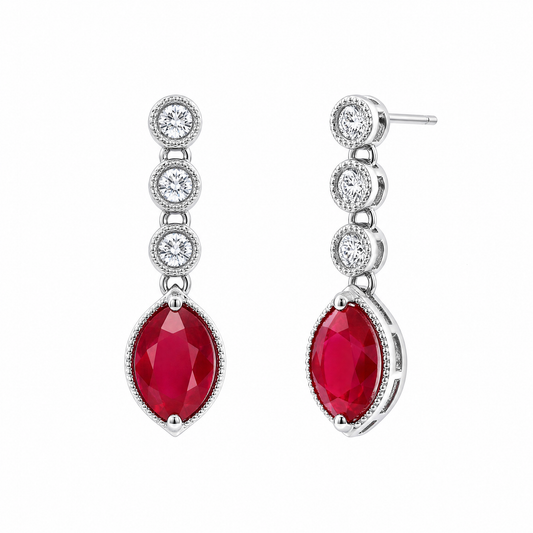 2 Oval Ruby & 4-Diamond Dangle Post Earrings