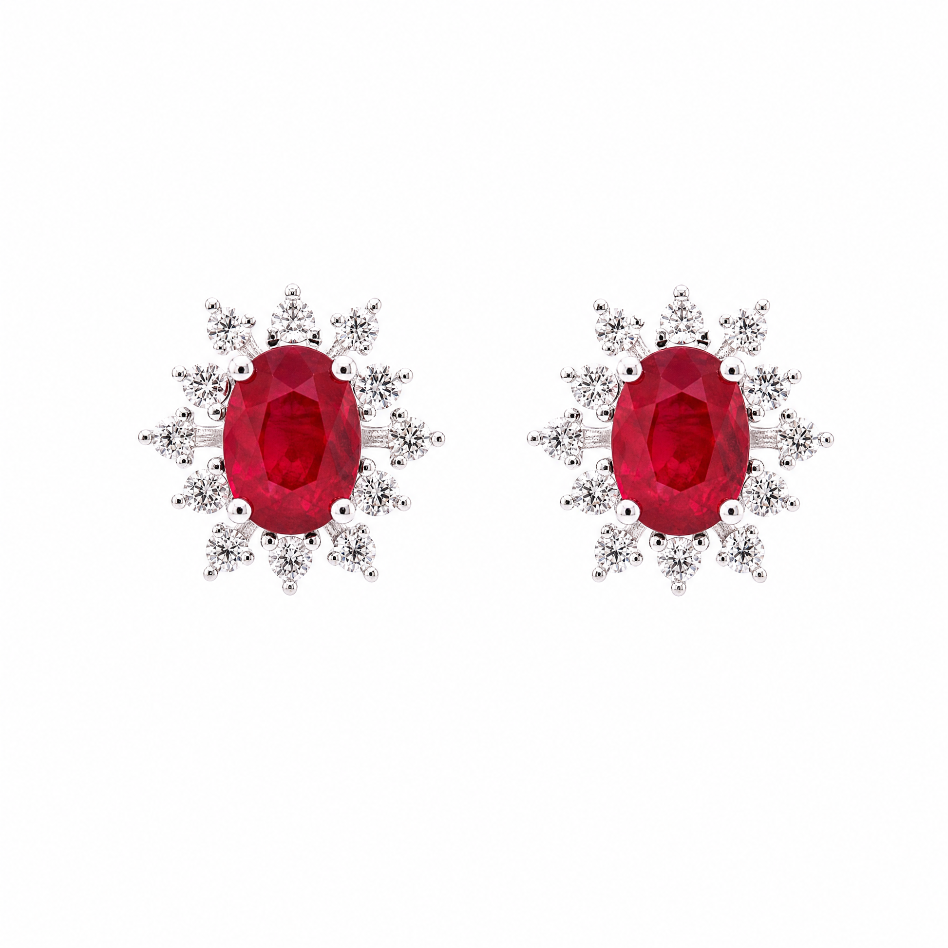 REST0120W-CA W-1 frontal pair - oval ruby with diamond starburst halo clip earrings in 18K white gold
