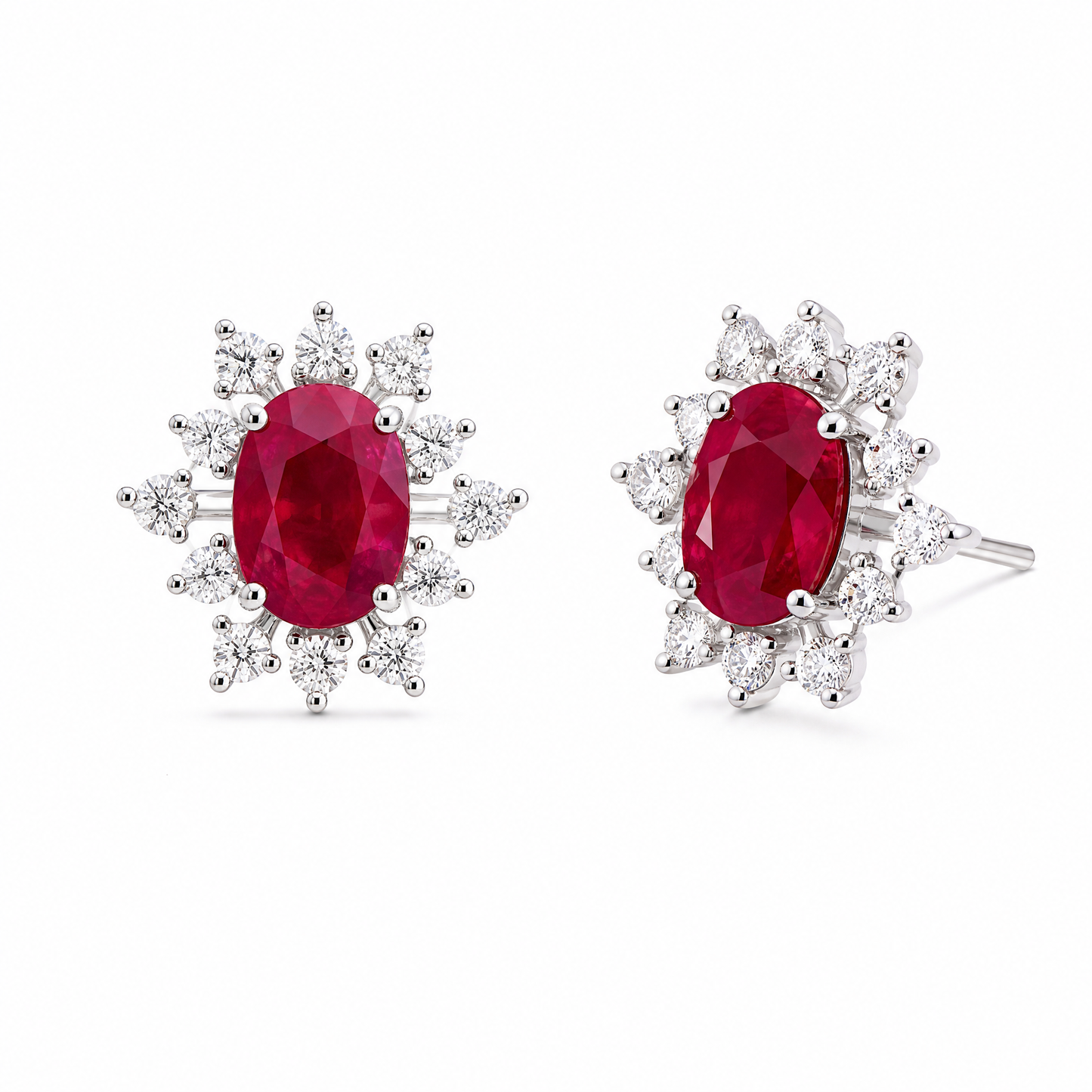 REST0120W-CA W-2 front and turned view showing French clip backing - oval ruby diamond starburst halo clip earrings in 18K white gold