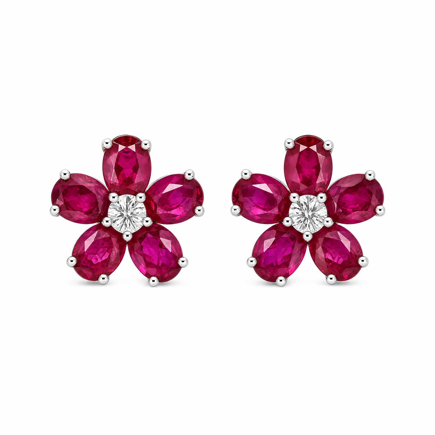 RETE0143W-CA W-1 frontal pair - oval ruby five-petal flower cluster clip earrings with diamond centre in 18K white gold
