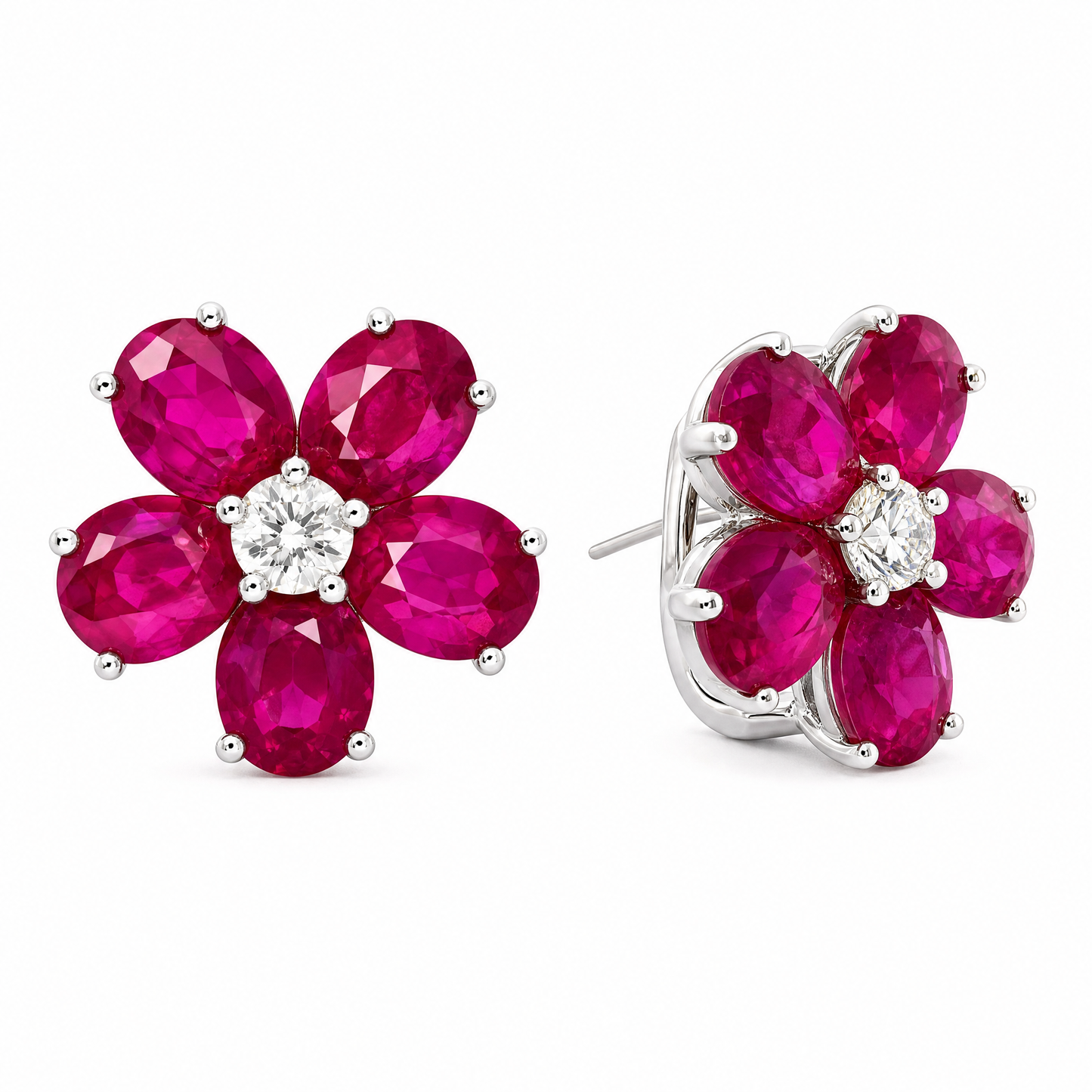 RETE0143W-CA W-2 front and turned view showing French clip backing - oval ruby flower cluster clip earrings in 18K white gold