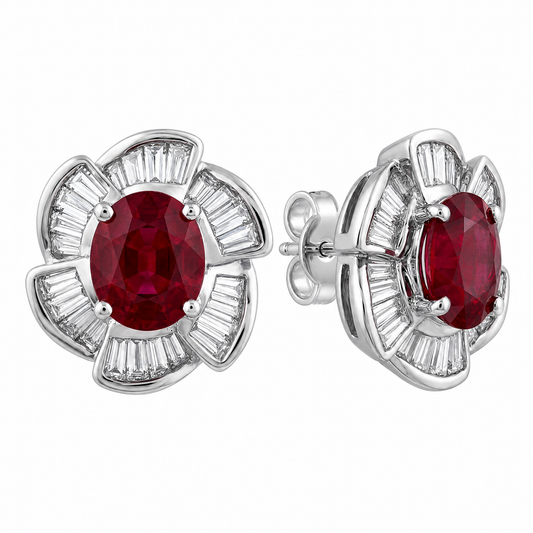 2.08ct Ruby Flower Earrings with Baguette Diamond Petals