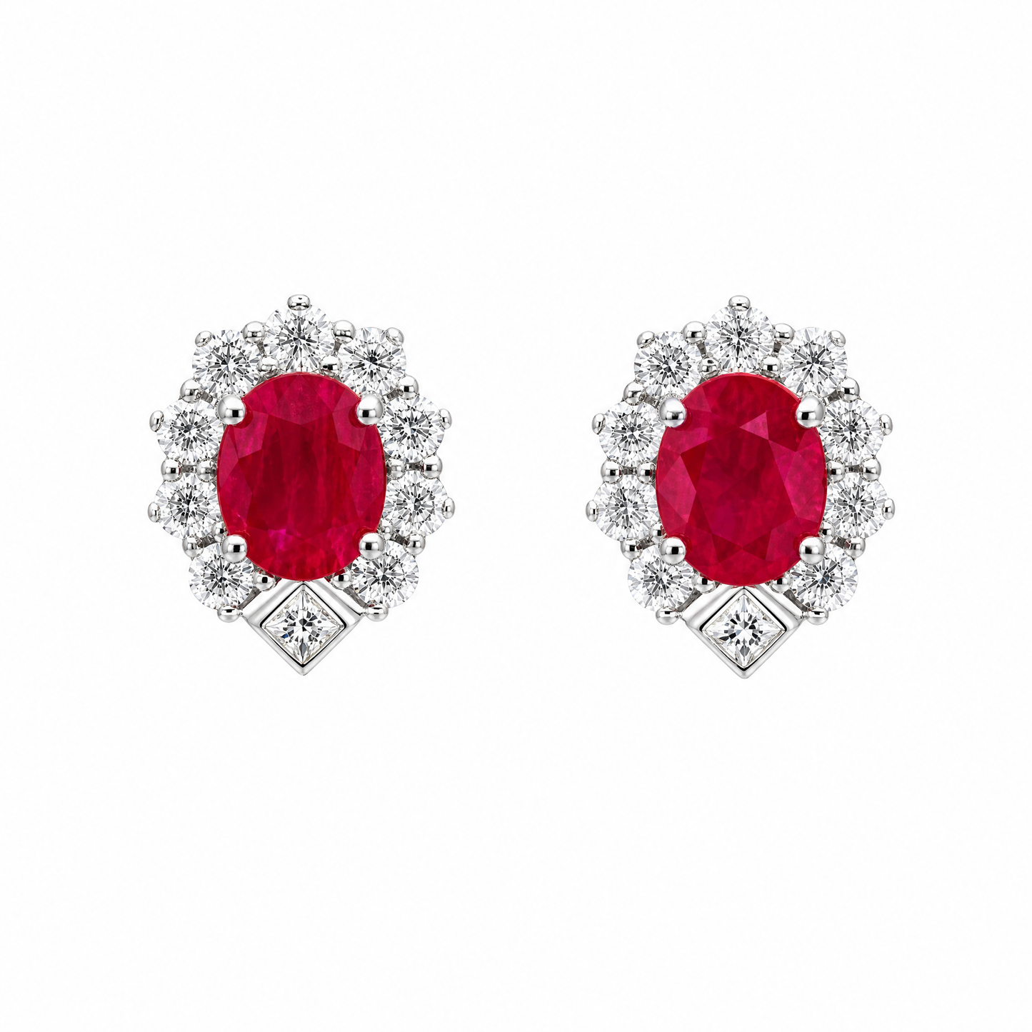 RETM0096W W-1 frontal pair - oval ruby and round diamond halo stud earrings