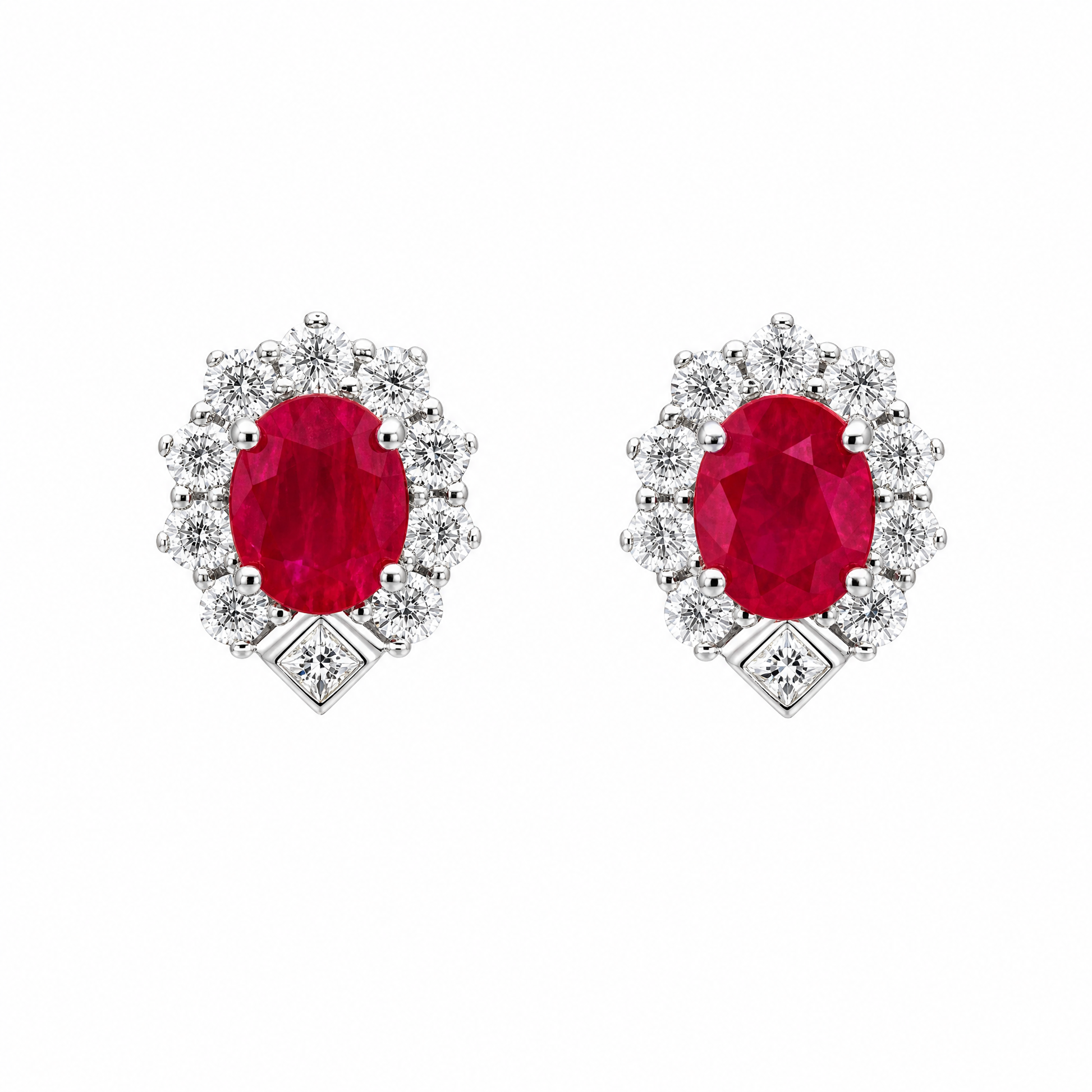 RETM0096W W-1 frontal pair - oval ruby and round diamond halo stud earrings